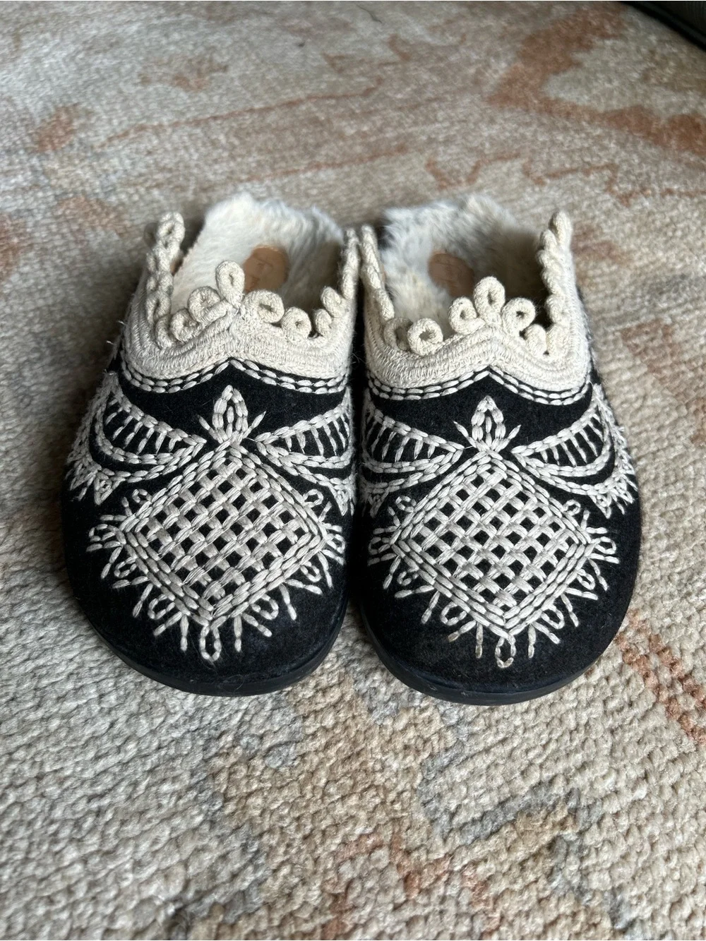 Free People Brown Embroidered Mules Fur Lined Boho Festival Vacation Resortwear